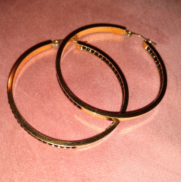 Big Gold and Black Rhinestone Hoop Earrings Sparkle CZ Crystal Channel Hoops - Picture 7 of 11